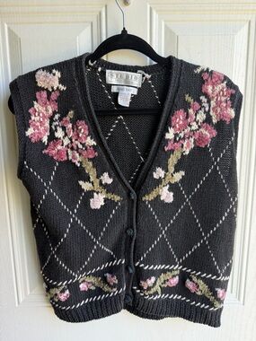 Hand Knit Studio Black V-Neck Floral Granny Knit Vest with Pink Roses